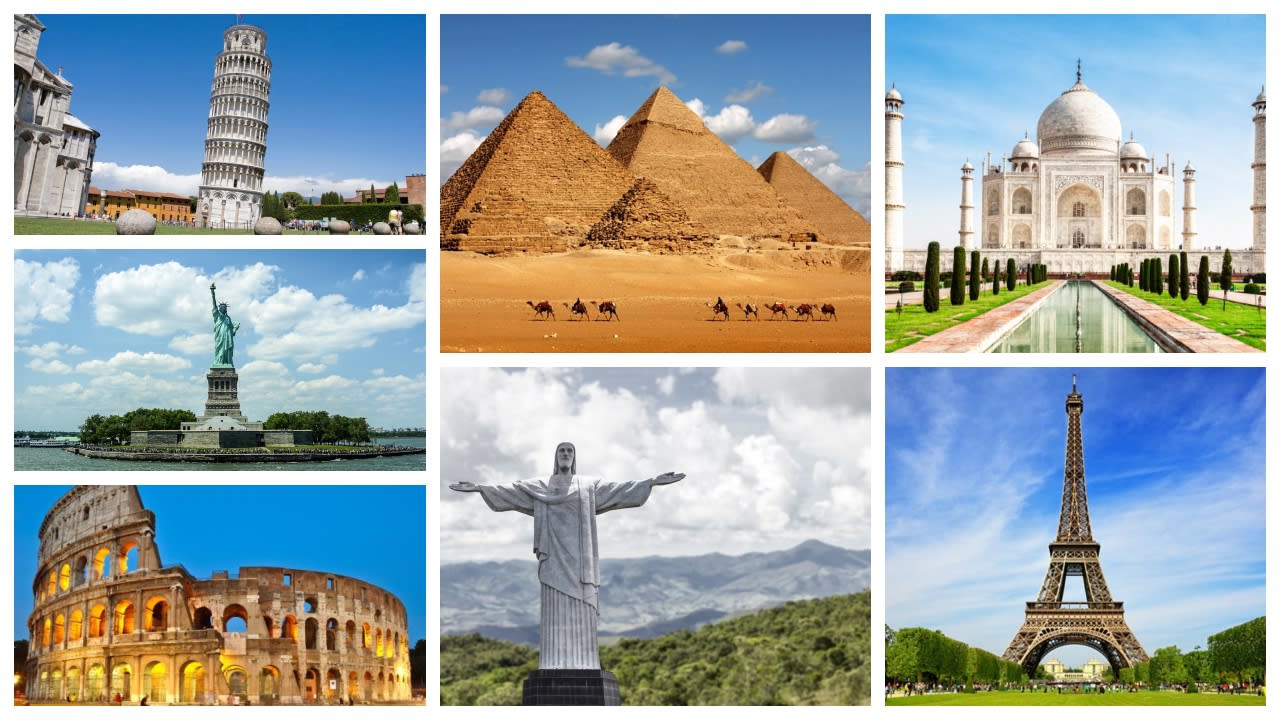 The Seven Wonders of the World, featuring the Great Wall of China, Petra, Christ the Redeemer, Machu Picchu, Chichen Itza, Roman Colosseum, and the white marble Taj Mahal displayed together.